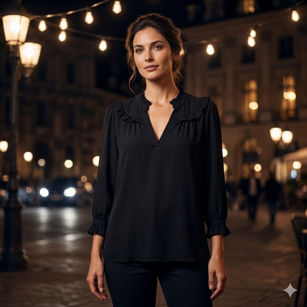 BA&SH Blouse Top Size 2 Small Black Ruffle V-neck 3/4 Sleeve Viscose Thalgo